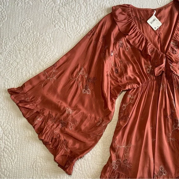 FREE PEOPLE NWT Rose/tyrie Wide Long Sleeve Ruffle V-neck Romper  Small - Picture 3 of 13